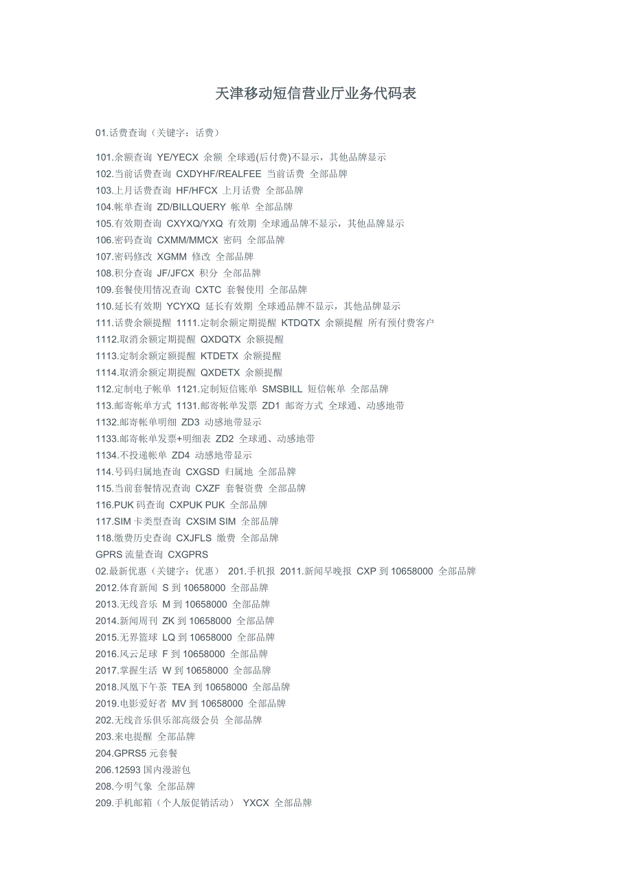 天津移动短信营业厅业务代码表(完整版)_第1页
