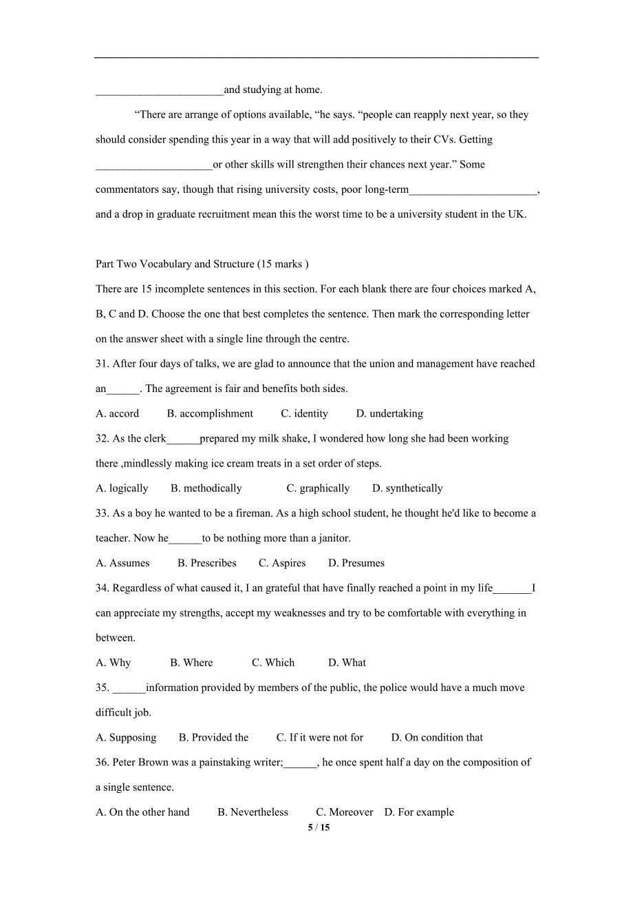 2011年全国大学生英语竞赛初赛(非英语专业类)试卷及答案_第5页