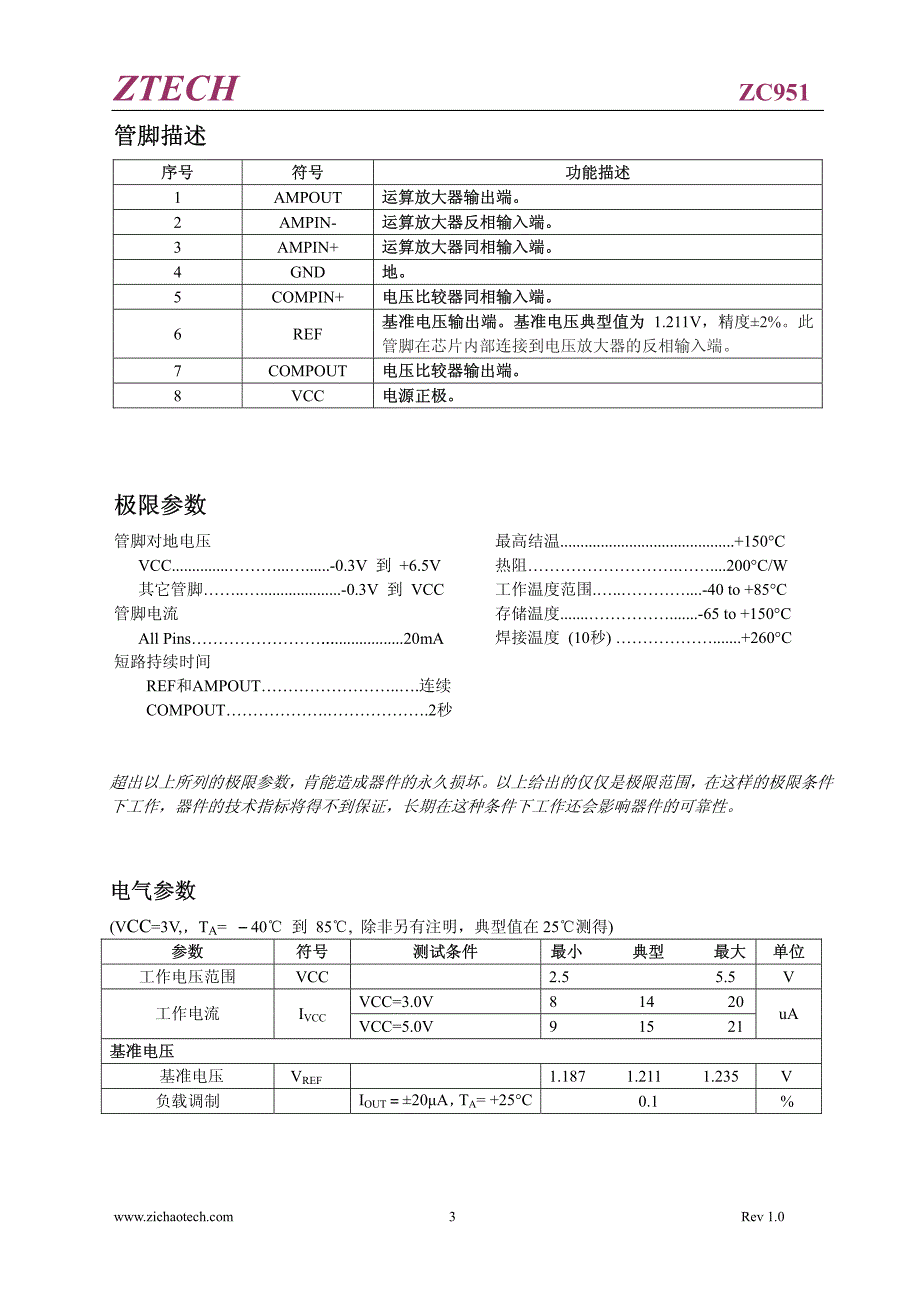 单电源低功耗运算放大器,电压比较器和基准电压源zc951_第3页