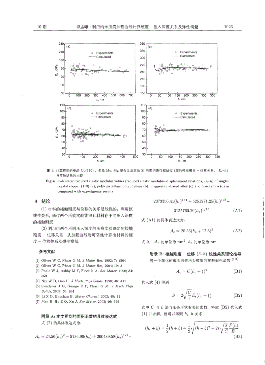 利用纳米压痕加载曲线计算硬度--压入深度关系及弹性模量_第4页