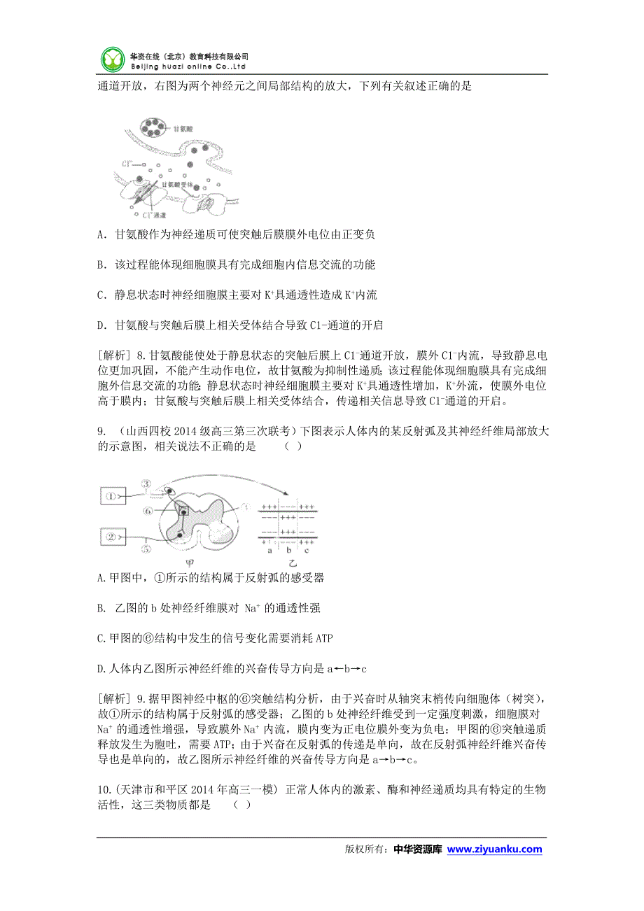 2015届高考生物一轮复习精品试题： 人和高等动物的神经调节(含2014试题)_第4页