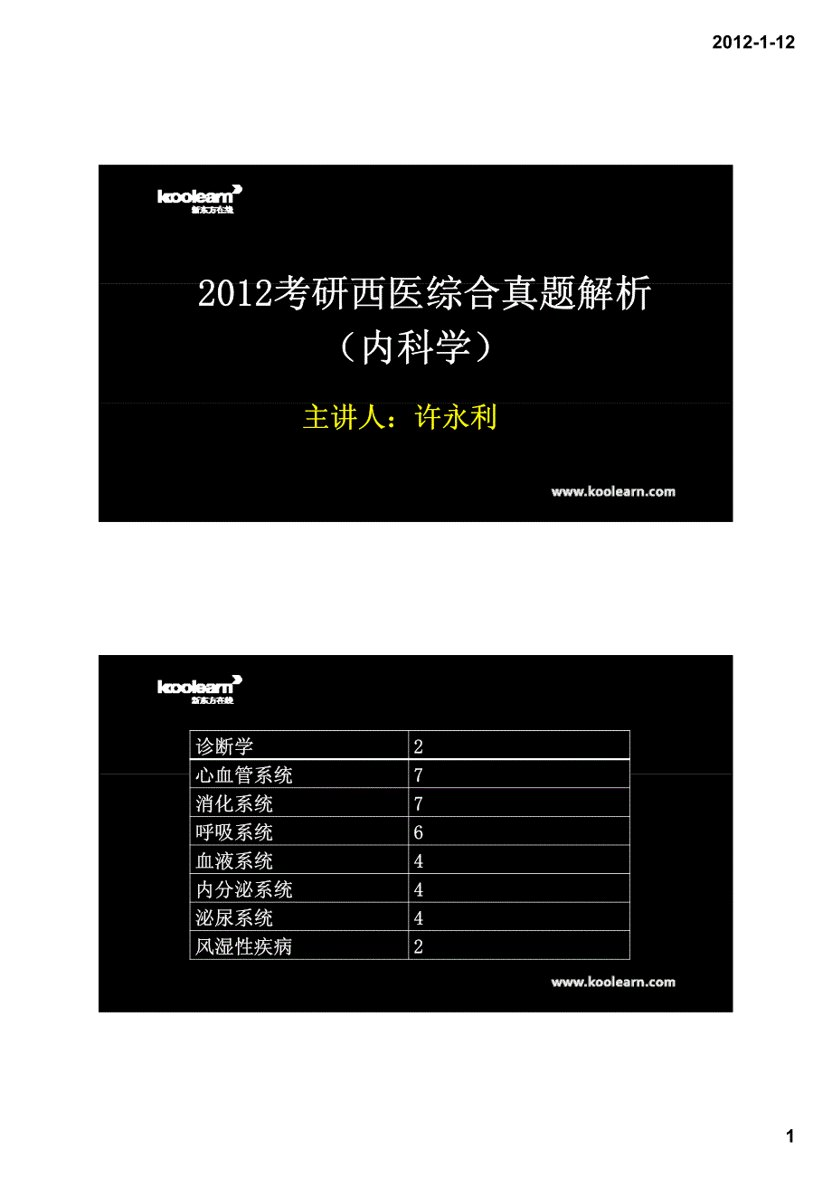 2012考研西医综合(内科学)真题答案及解析下载_第1页