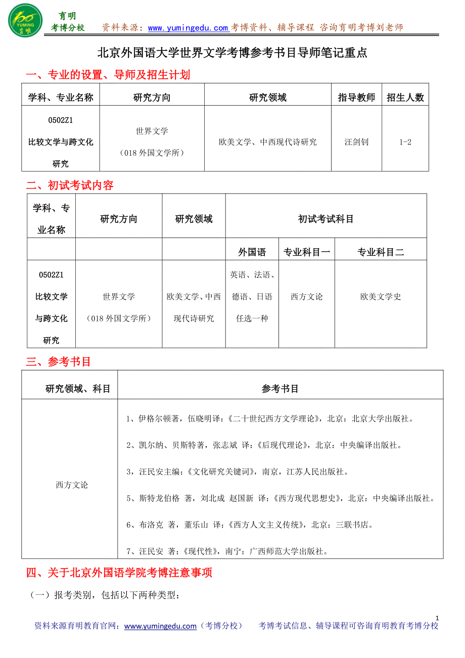 北京外国语大学世界文学考博参考书目导师笔记重点_第1页