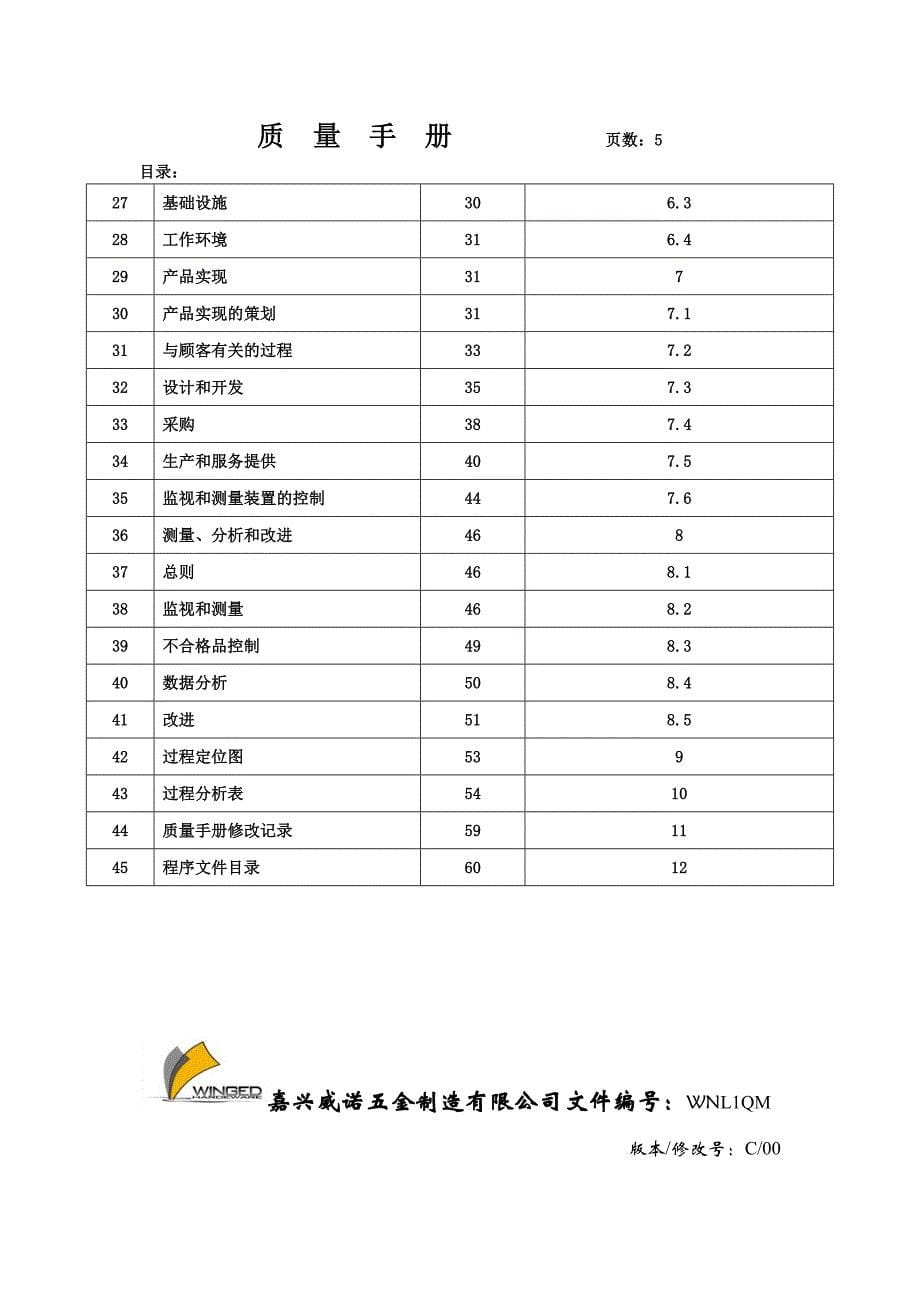 嘉兴威诺五金制造有限公司质量手册_第5页