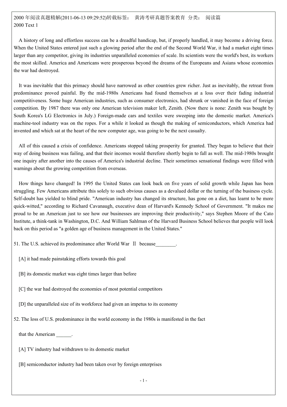 [研究生入学考试]2000考研英语真题阅读详解_第1页