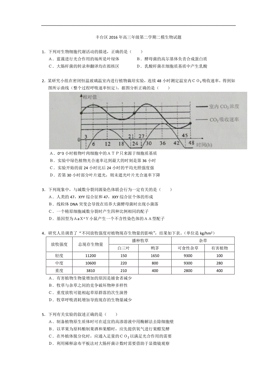 2016丰台二模生物试题及答案_第1页