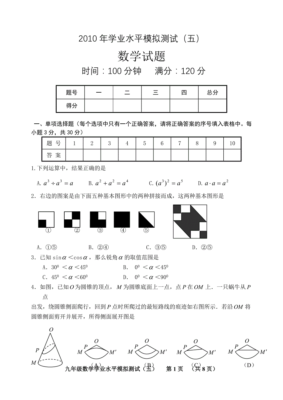 初中数学模拟考试（五）_第1页