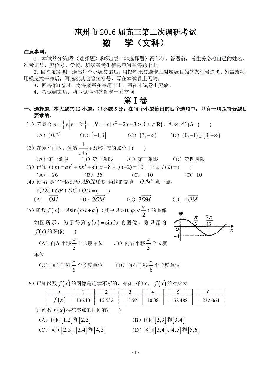 广东省惠州市2016届高三第二次调研考试数学（文）试题带答案_第1页