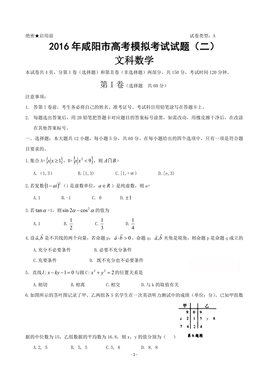 陕西省咸阳市2016届高三高考模拟考试（二）数学（文）试题含答案_第1页