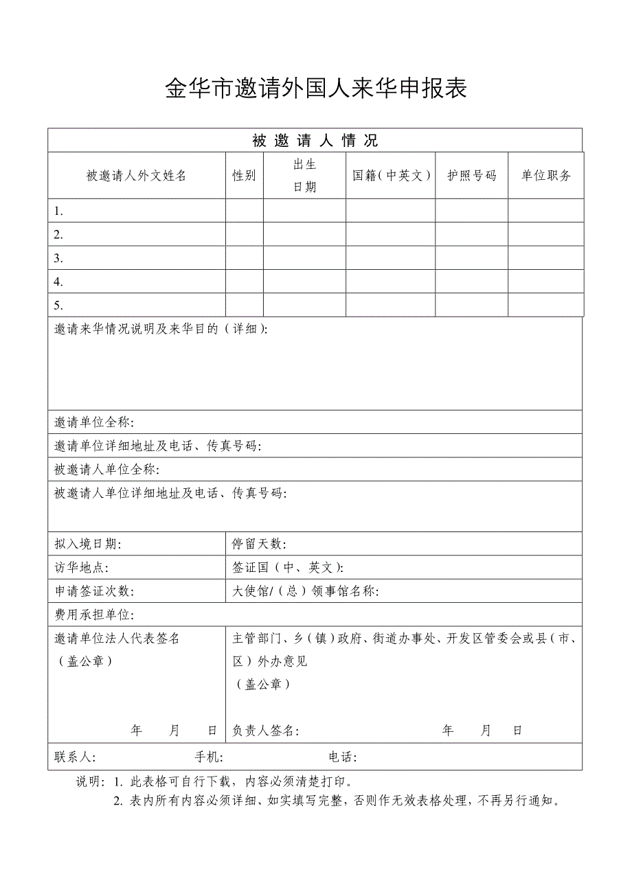 金华市邀请外国人来华申报表_第1页