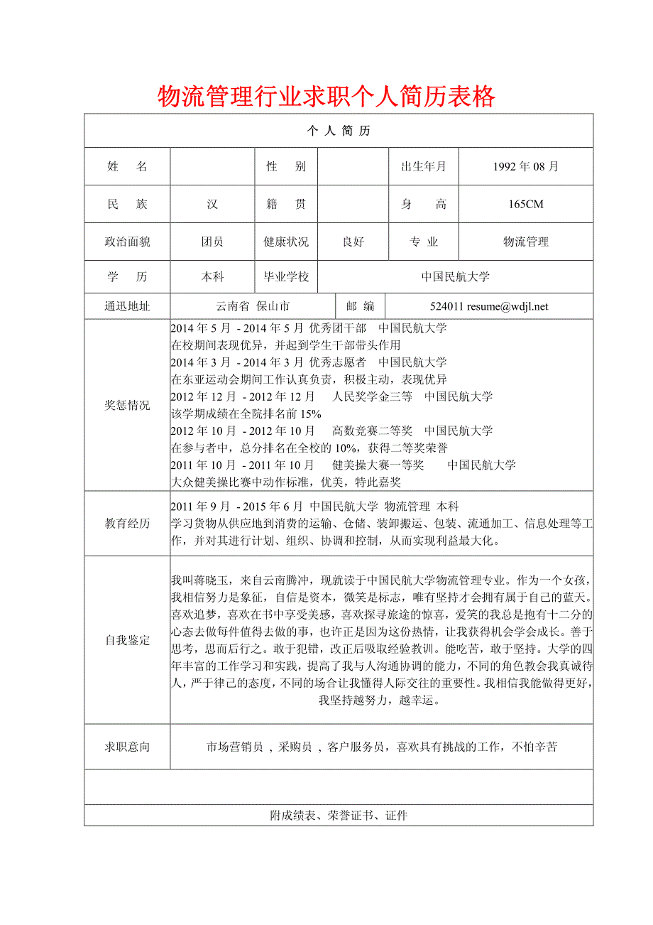 物流管理行业求职个人简历表格_第1页