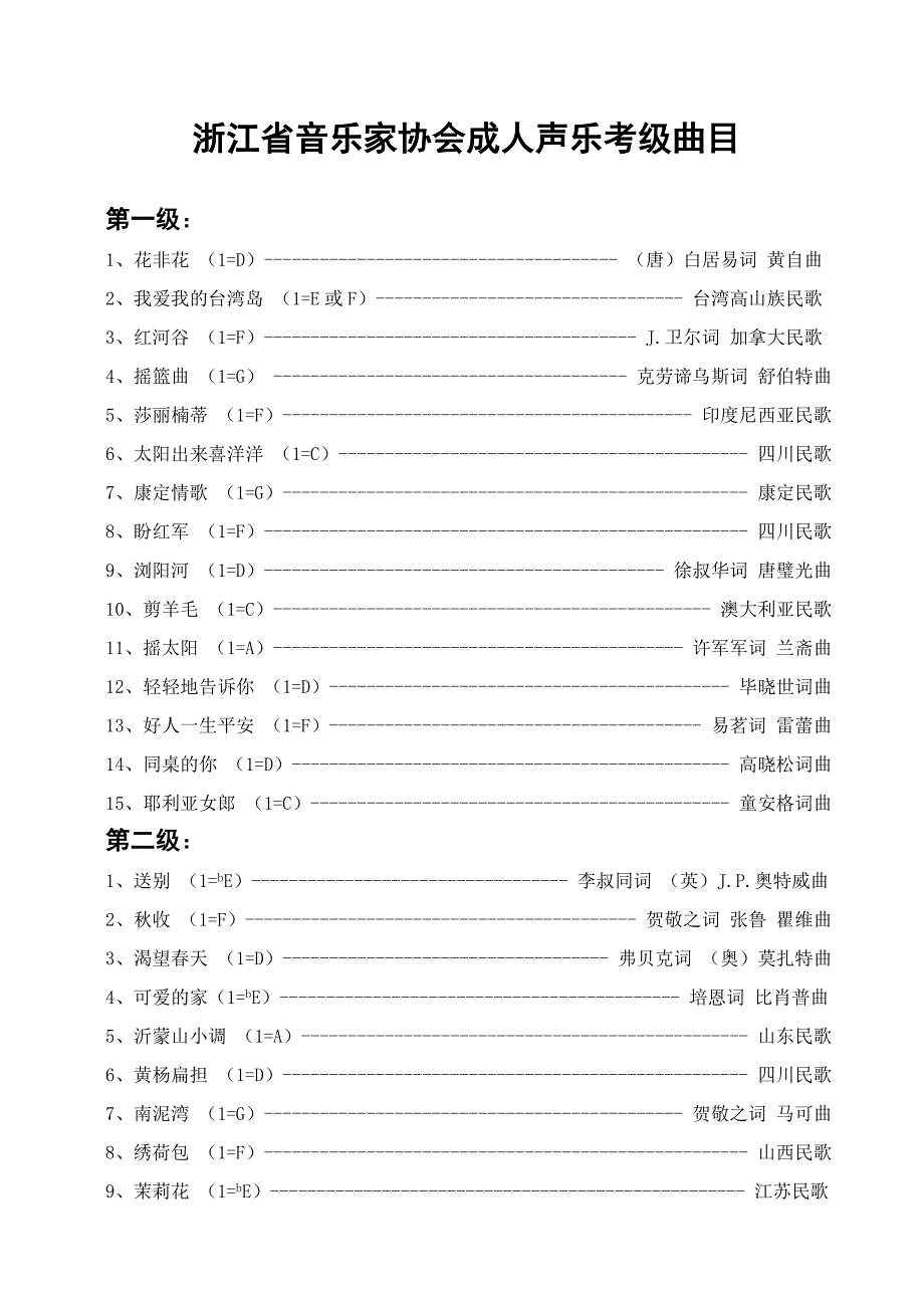 浙江省音乐家协会成人声乐考级曲目_第1页