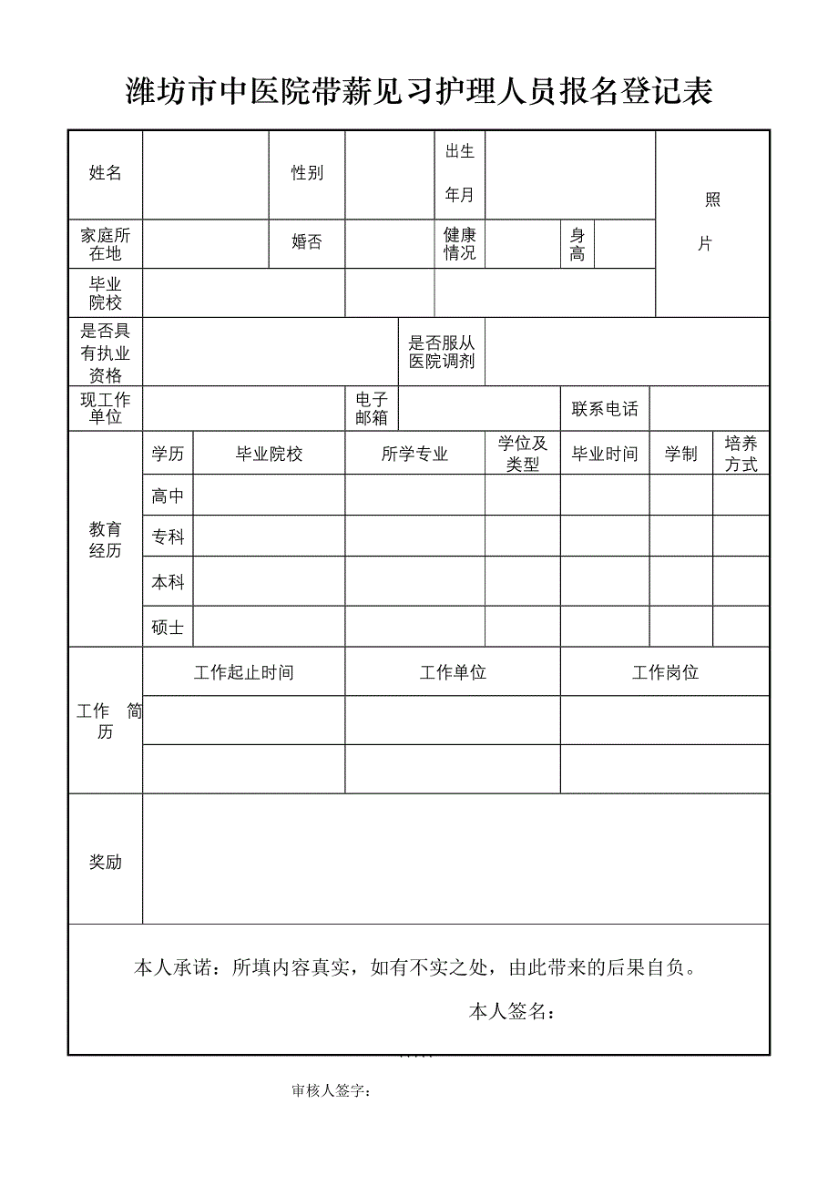 潍坊市中医院带薪见习护理人员报名登记表_第1页