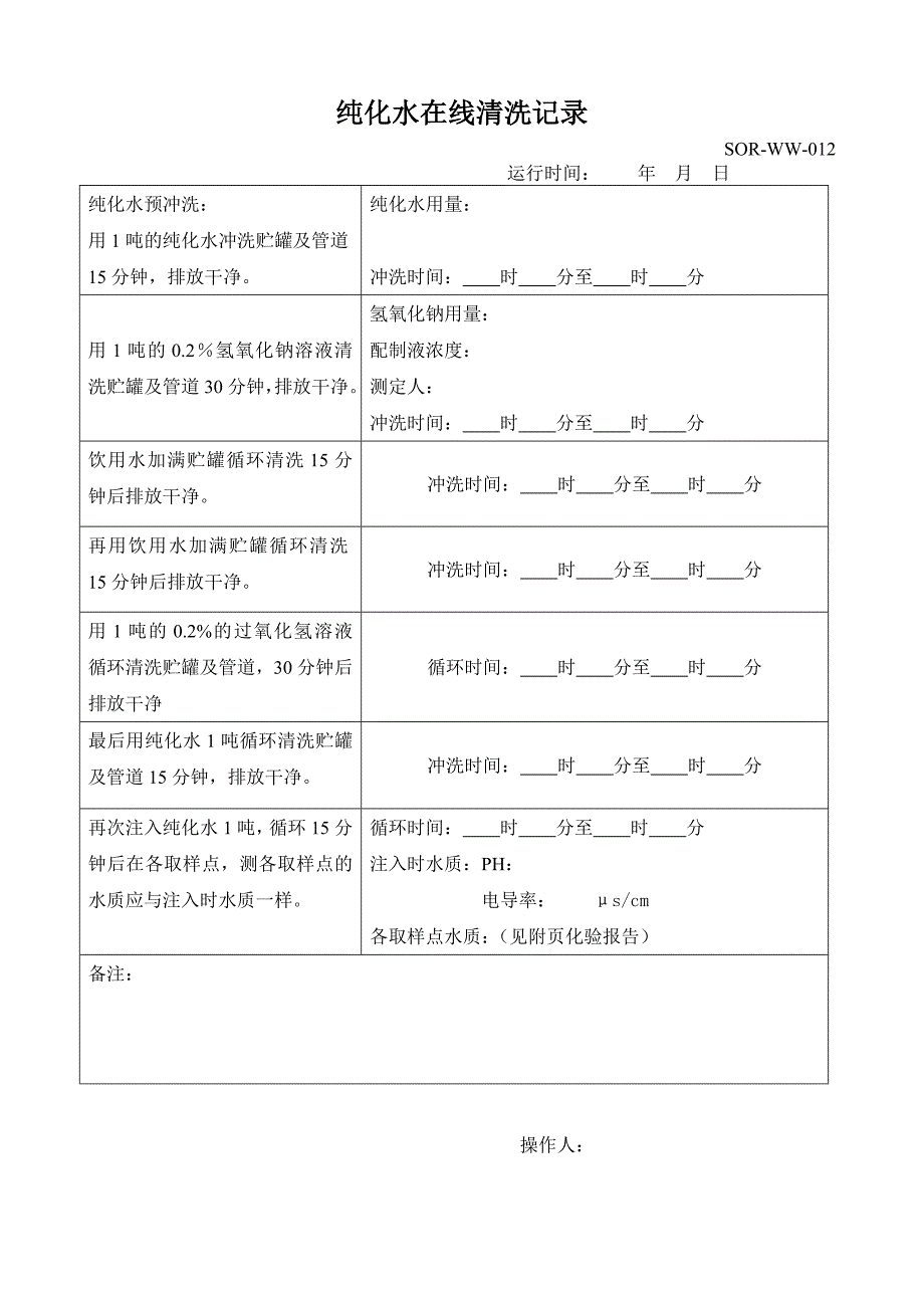 纯化水在线清洗记录_第1页