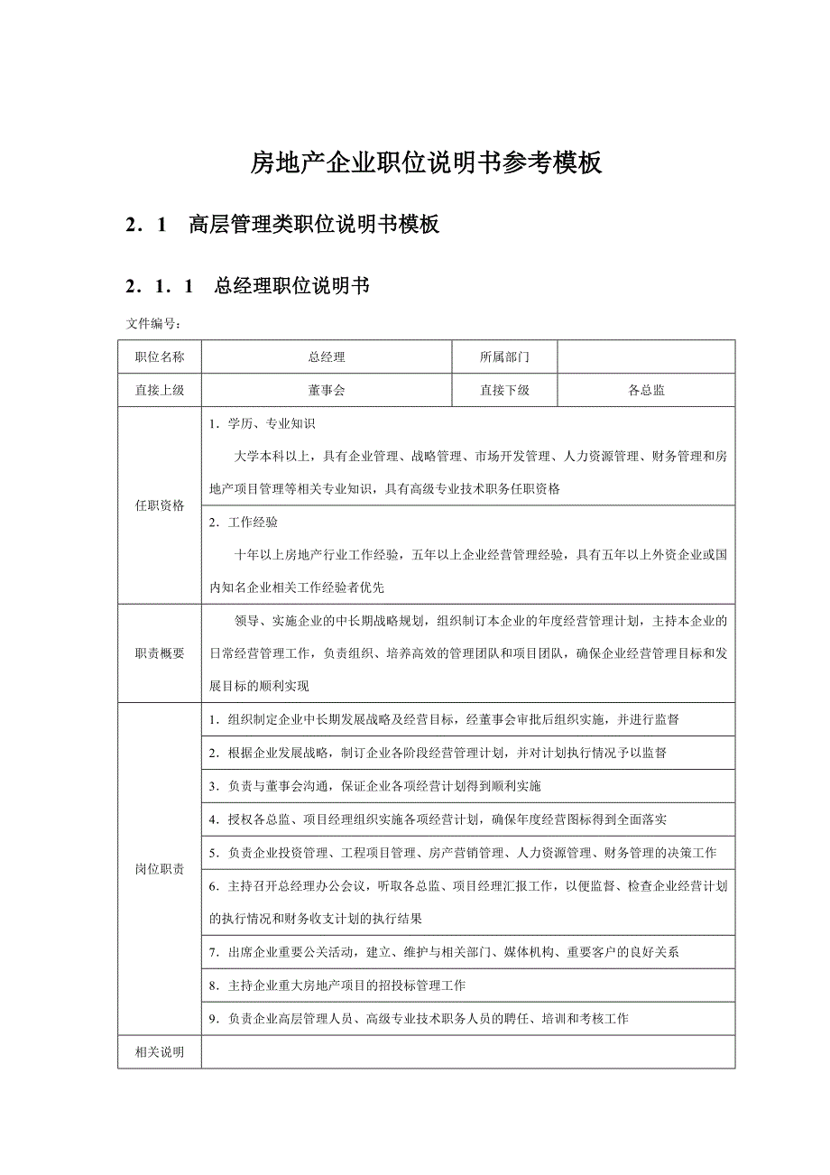 房地产企业职位说明书参考模板_第1页