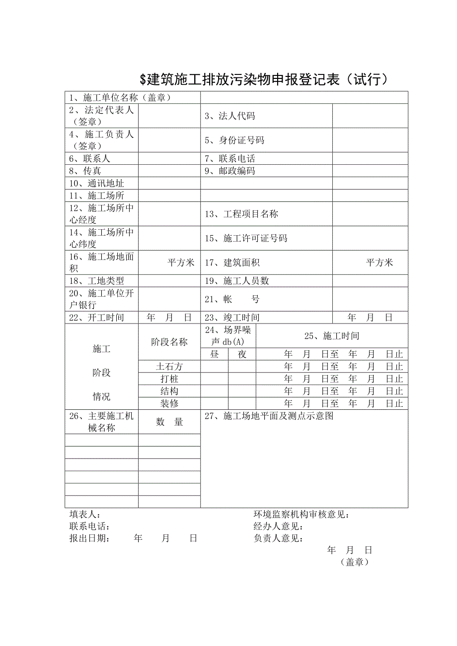 建筑施工排放污染物申报登记表_第1页