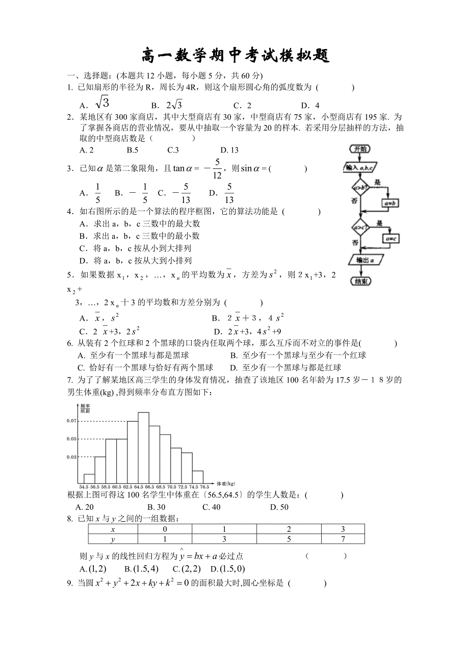 高一数学期中考试模拟题_第1页