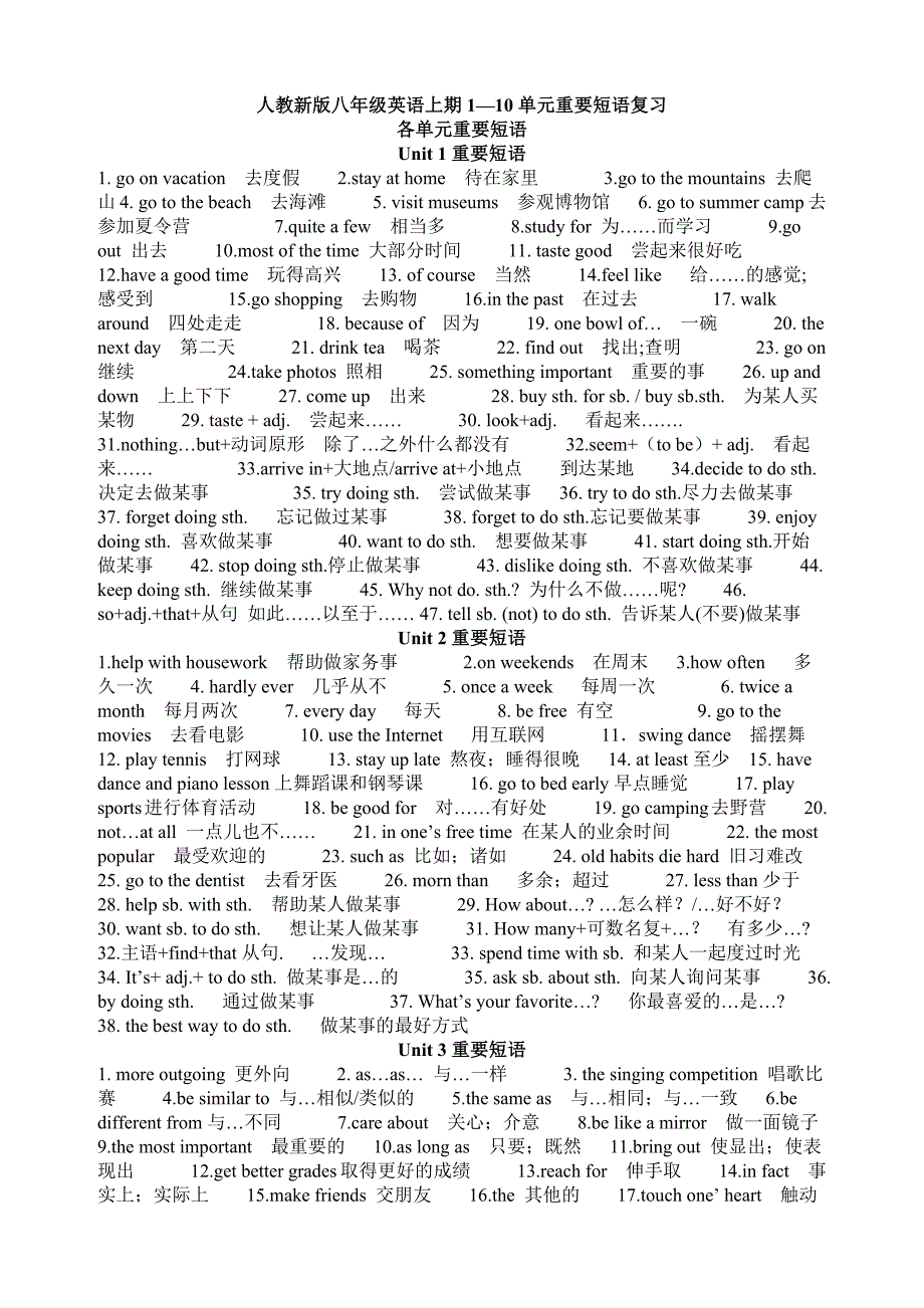 人教新版八年级英语上期1-10各单元重要短语_第1页