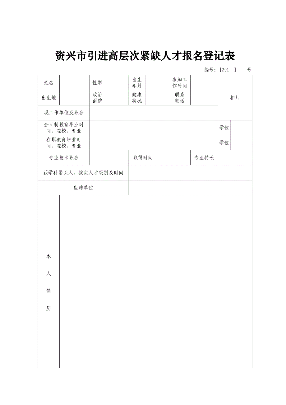 资兴市引进高层次紧缺人才报名登记表_第1页