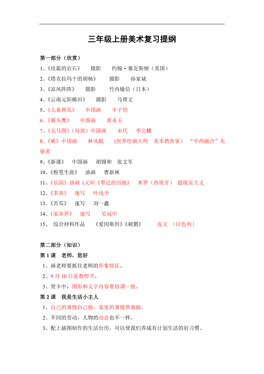 三年级上册美术复习提纲_第1页