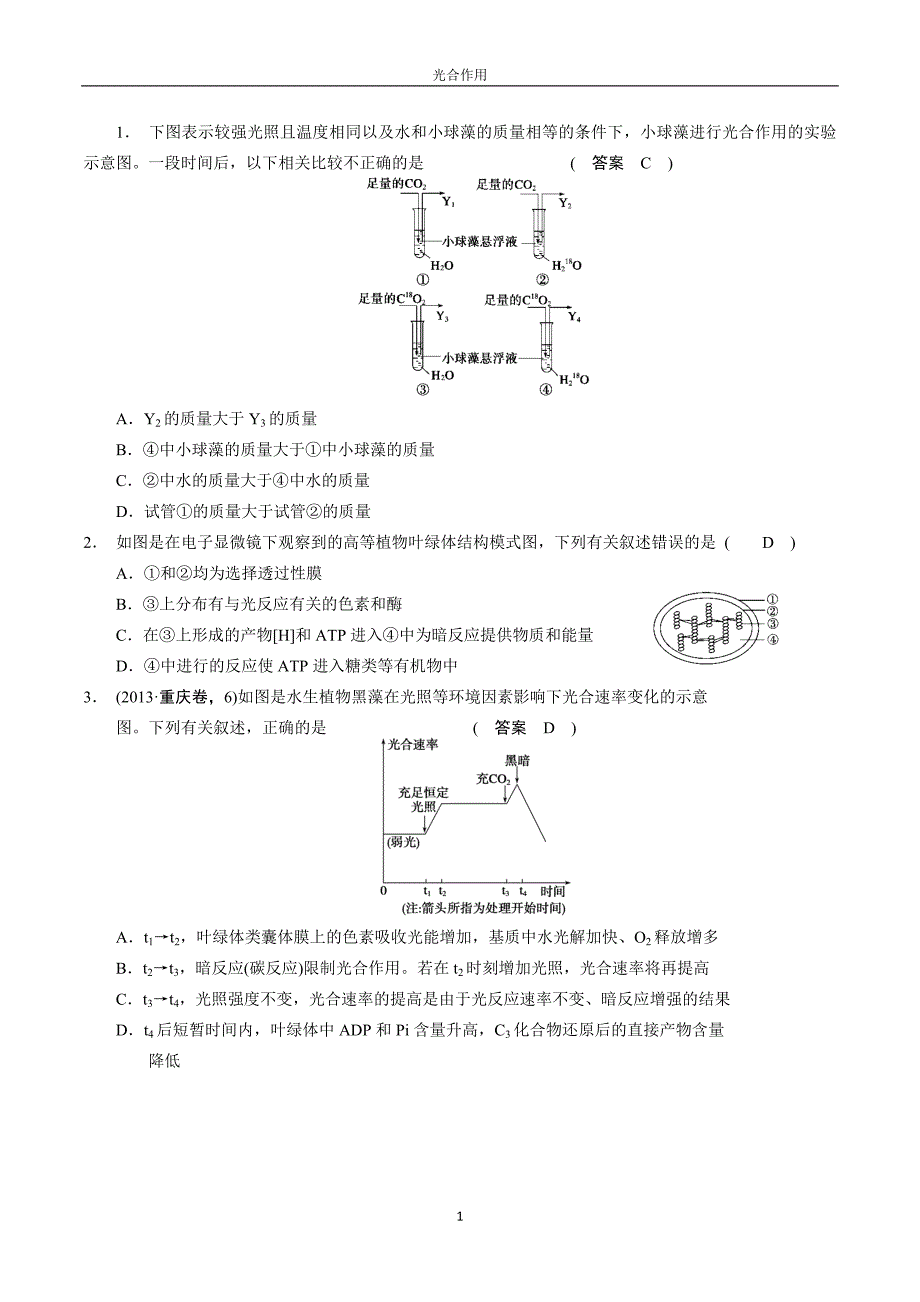 高中生物细胞代谢——光合作用专题复习_第1页