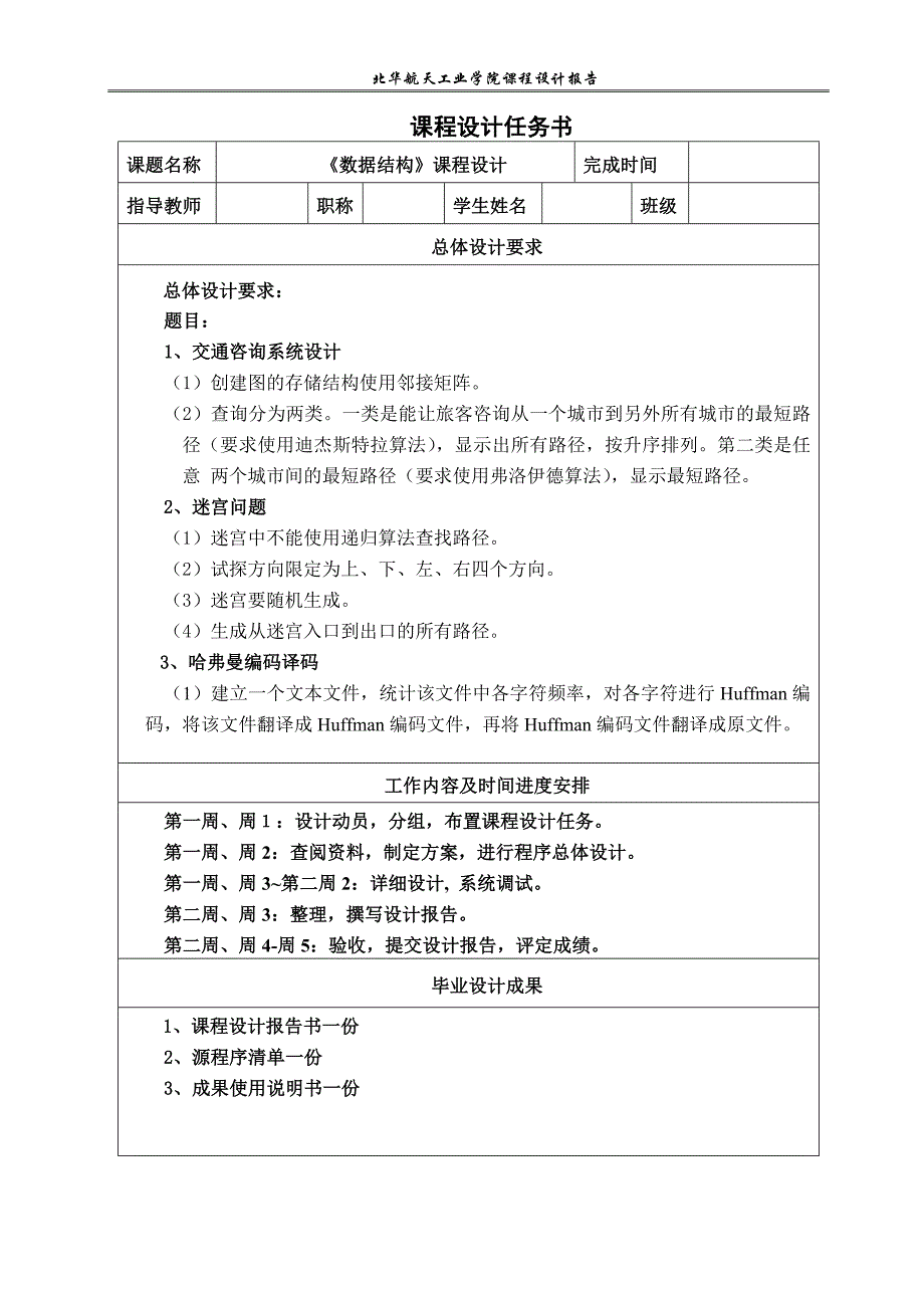 数据结构课程设计迷宫问题求解系统的设计哈弗曼编码译码求解系统的设计交通咨询系统设计_第2页