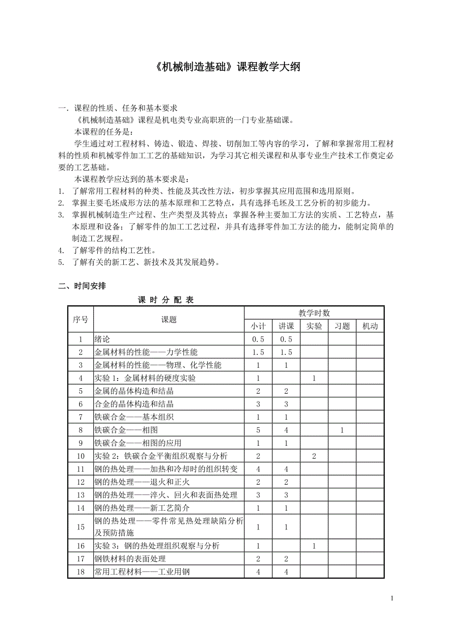 《机械制造基础》课程教学大纲_第1页