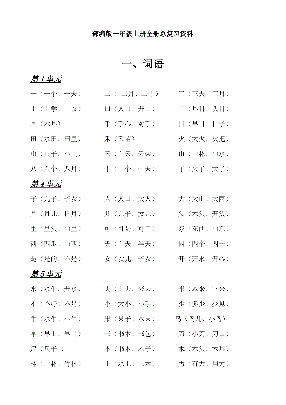 最新版部编版一年级语文上册期末复习资料_第1页