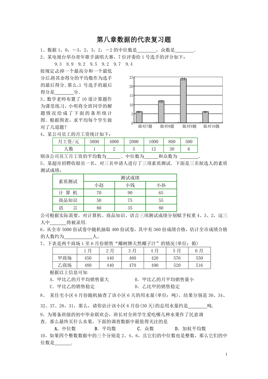 启迪教育第八章数据的代表复习题_第1页