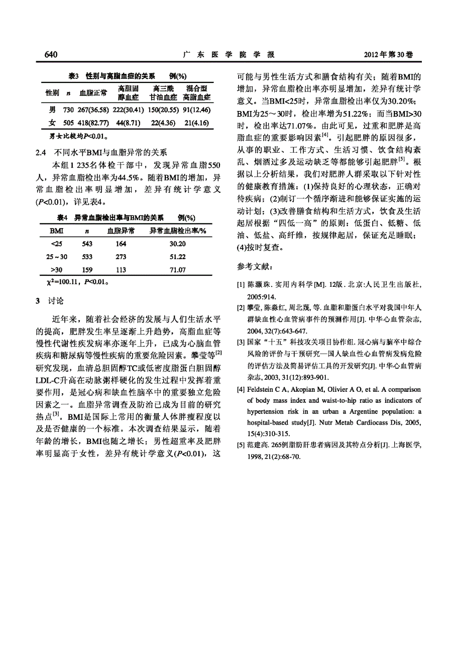 珠海市1235名体检干部体质量指数和血脂水平的检测及_第2页