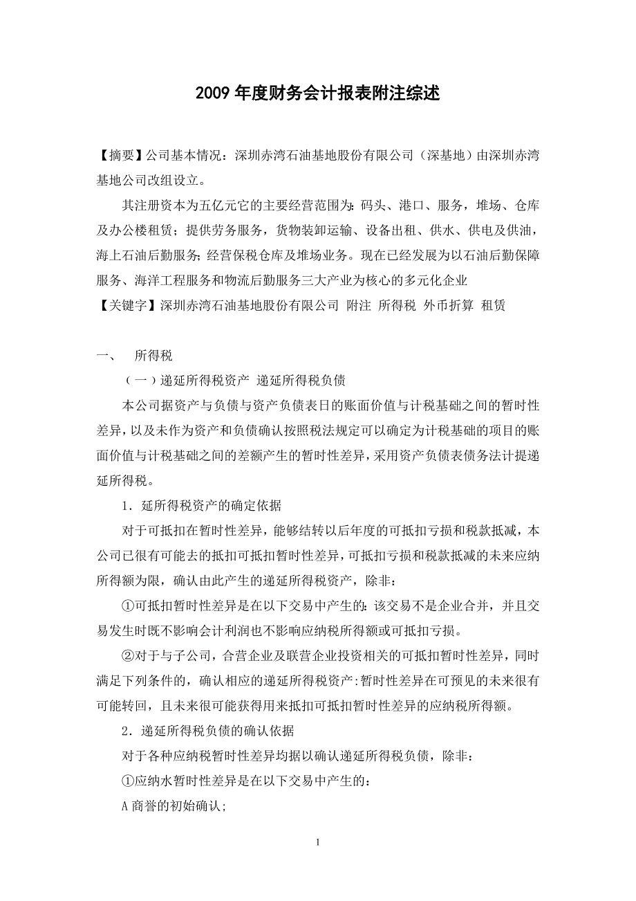 2009年度财务会计报表附注综述_第1页