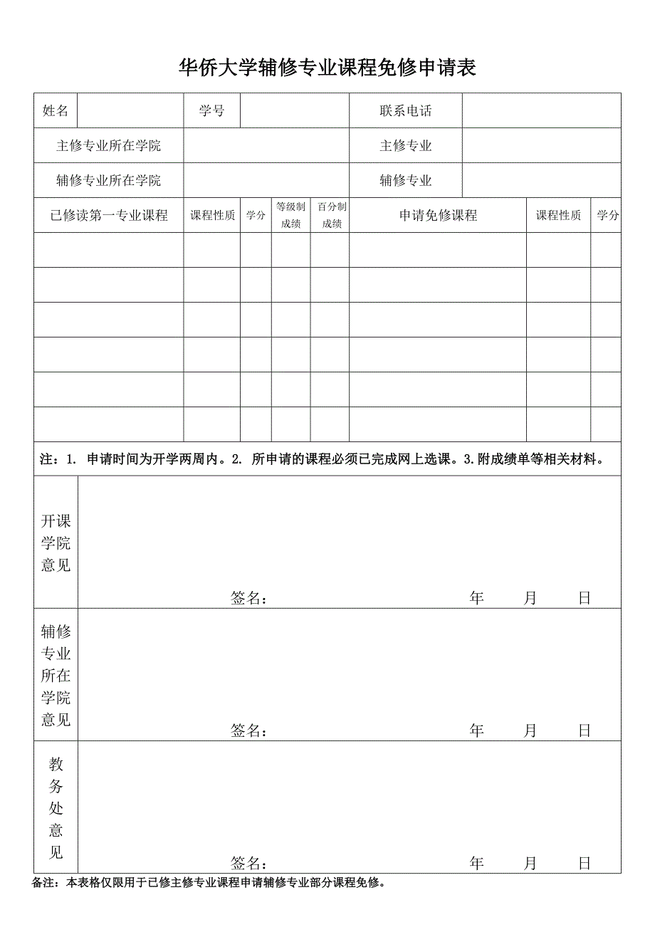 华侨大学辅修专业课程免修申请表_第1页