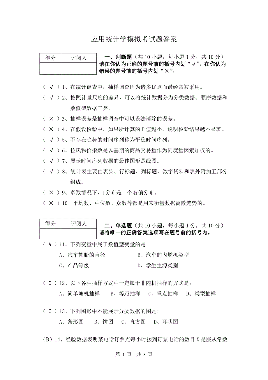 《应用统计学》模拟考试题参考答案_第1页