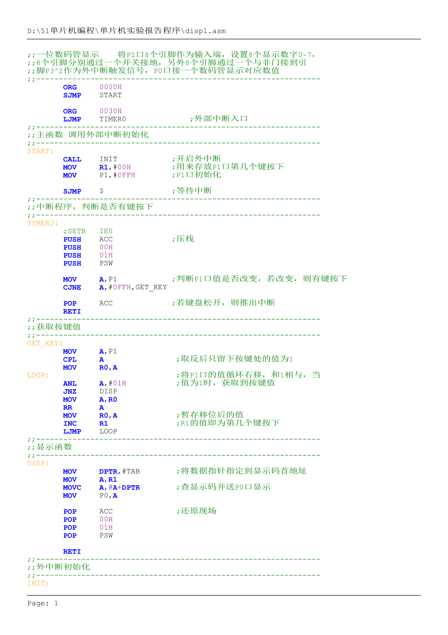 单片机汇编程序(秒表,数码管显示,矩阵键盘,双工串行通信)(舒浪)_第1页