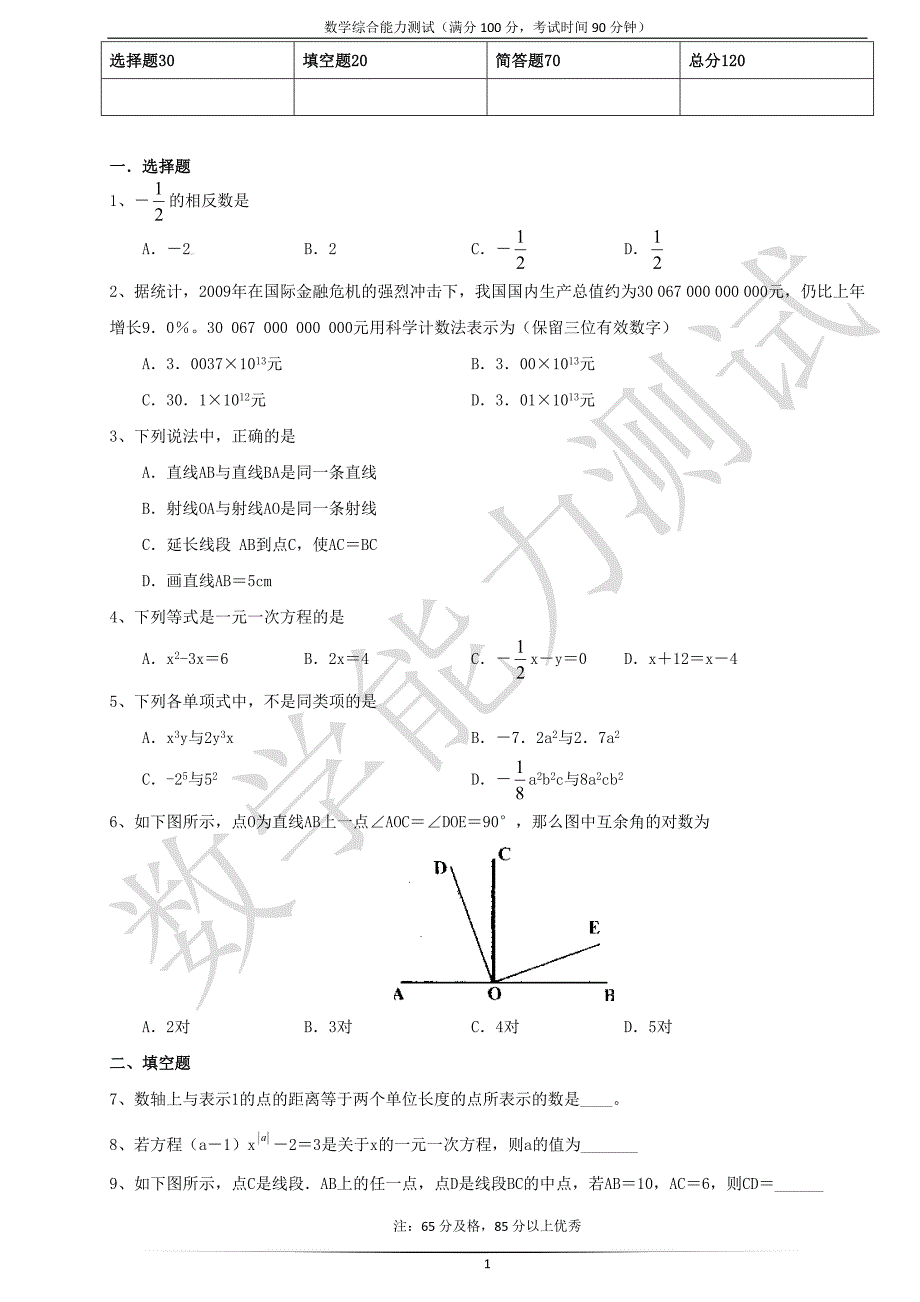 初一数学基本能力测试_第1页