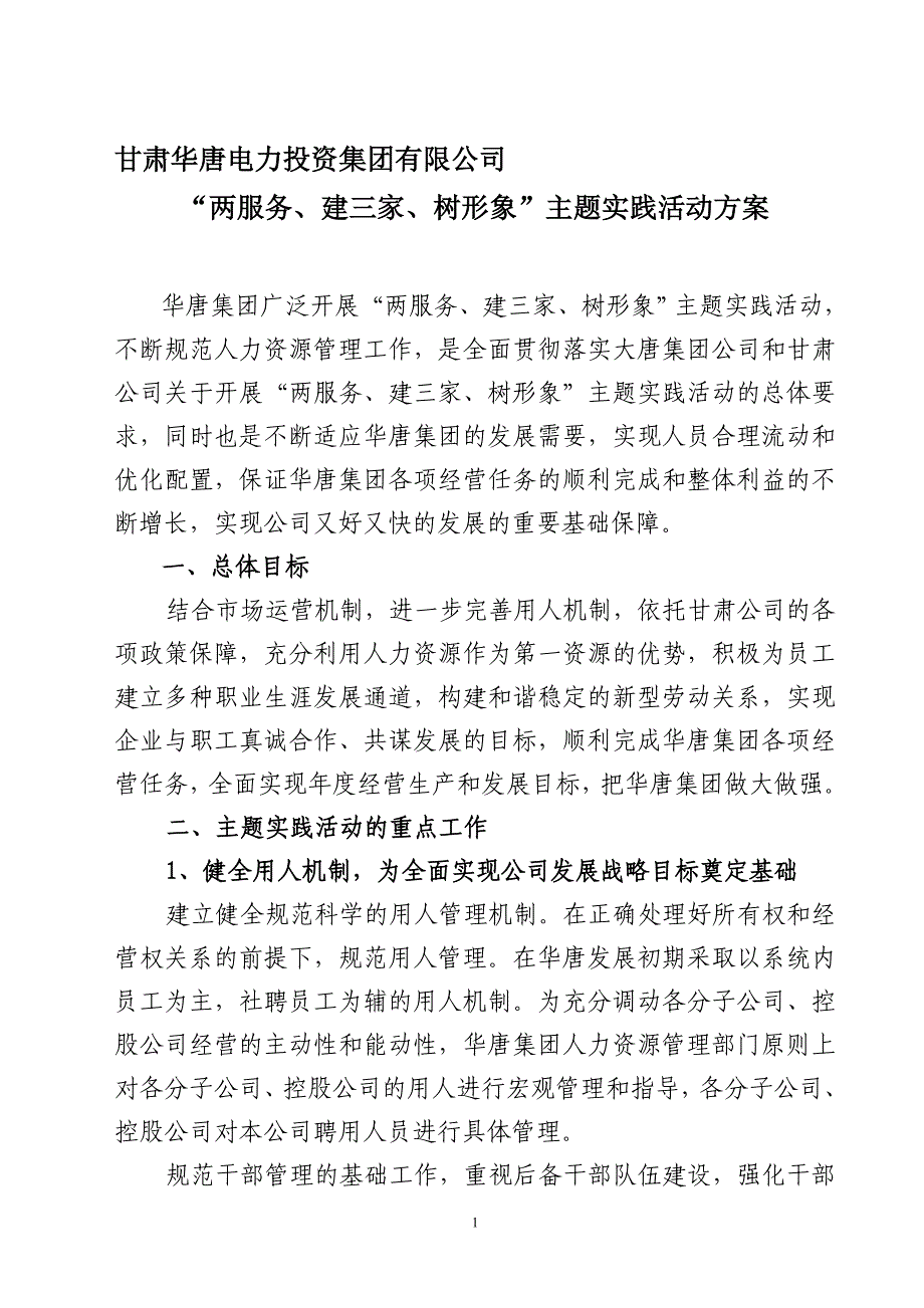 华唐电力投资集团公司规范人力资源管理实施方案_第1页