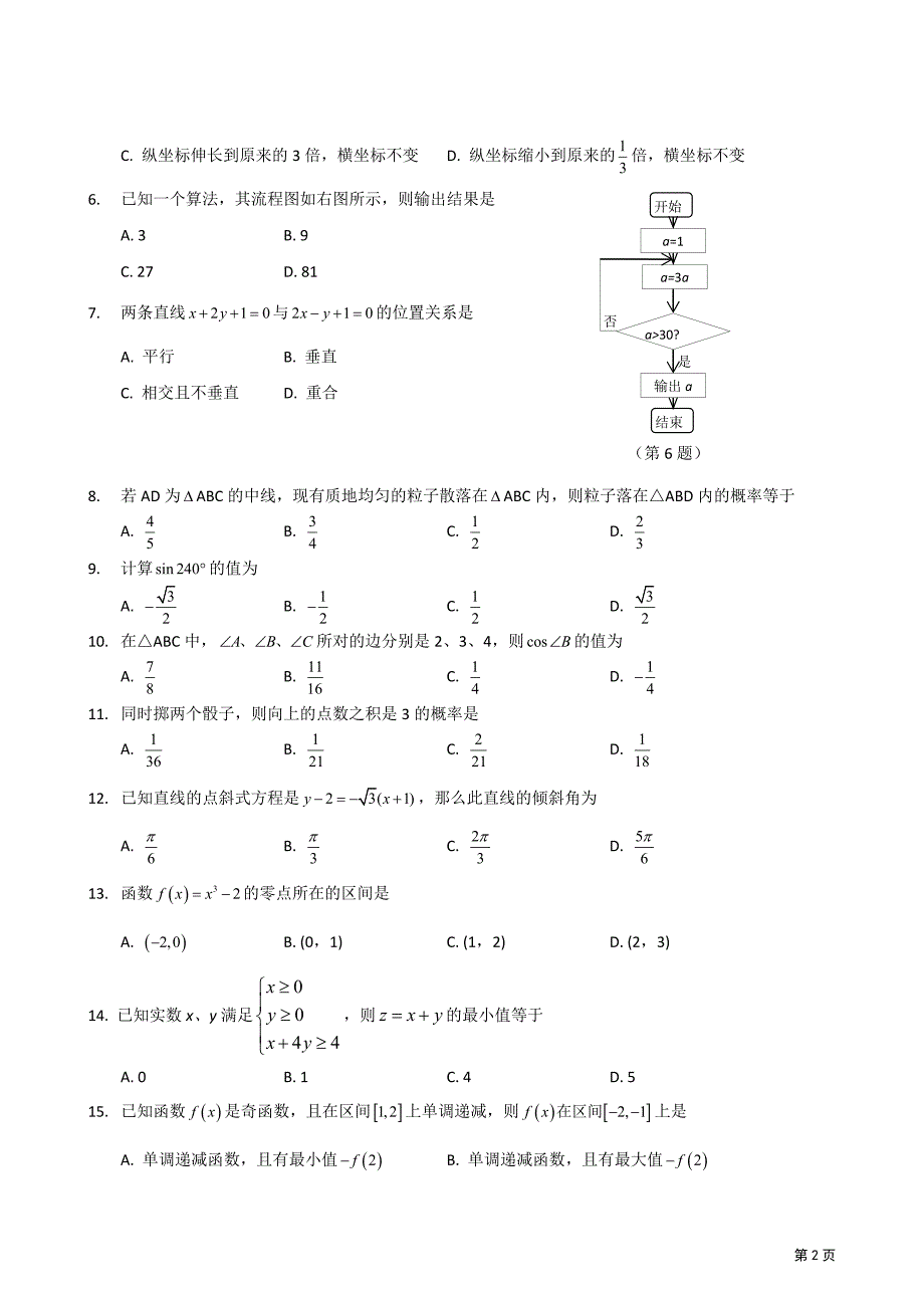 云南省2011年6月普通高中学业水平考试——数学试卷_第2页