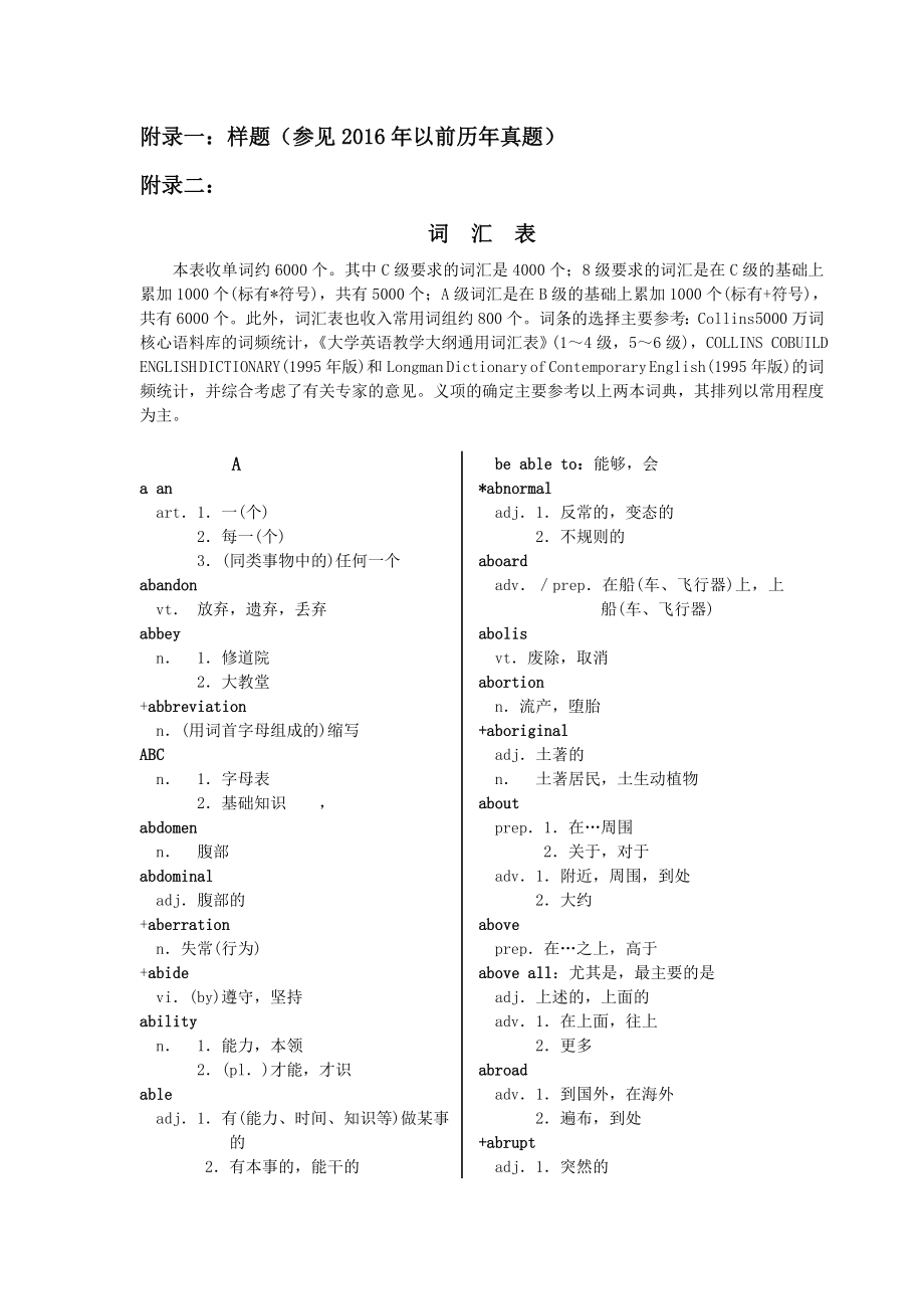 2016全国专业技术人员职称英语等级考试大纲附录：样题-词汇表-前缀后缀-缩略语_第1页