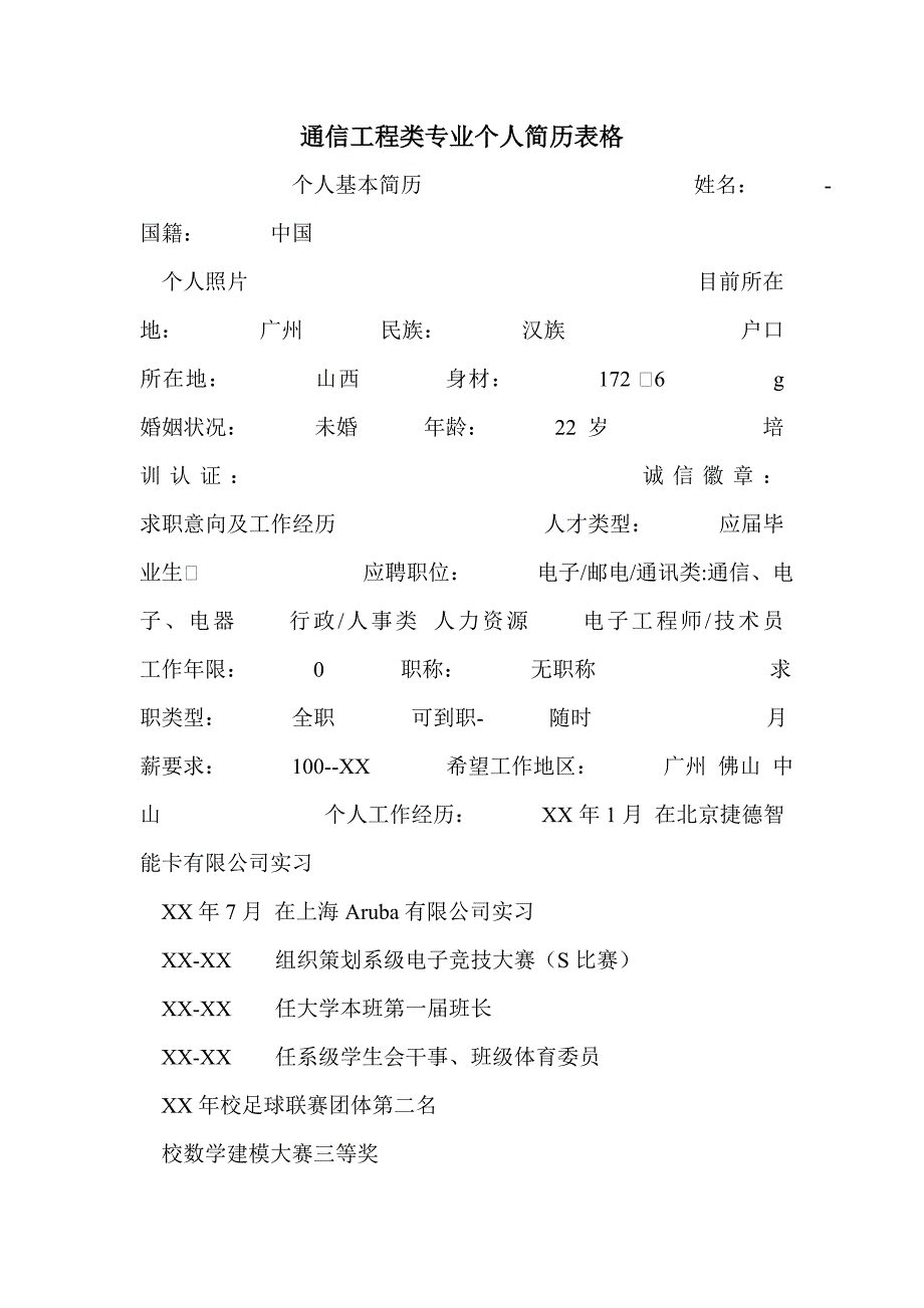 通信工程类专业个人简历表格_第1页