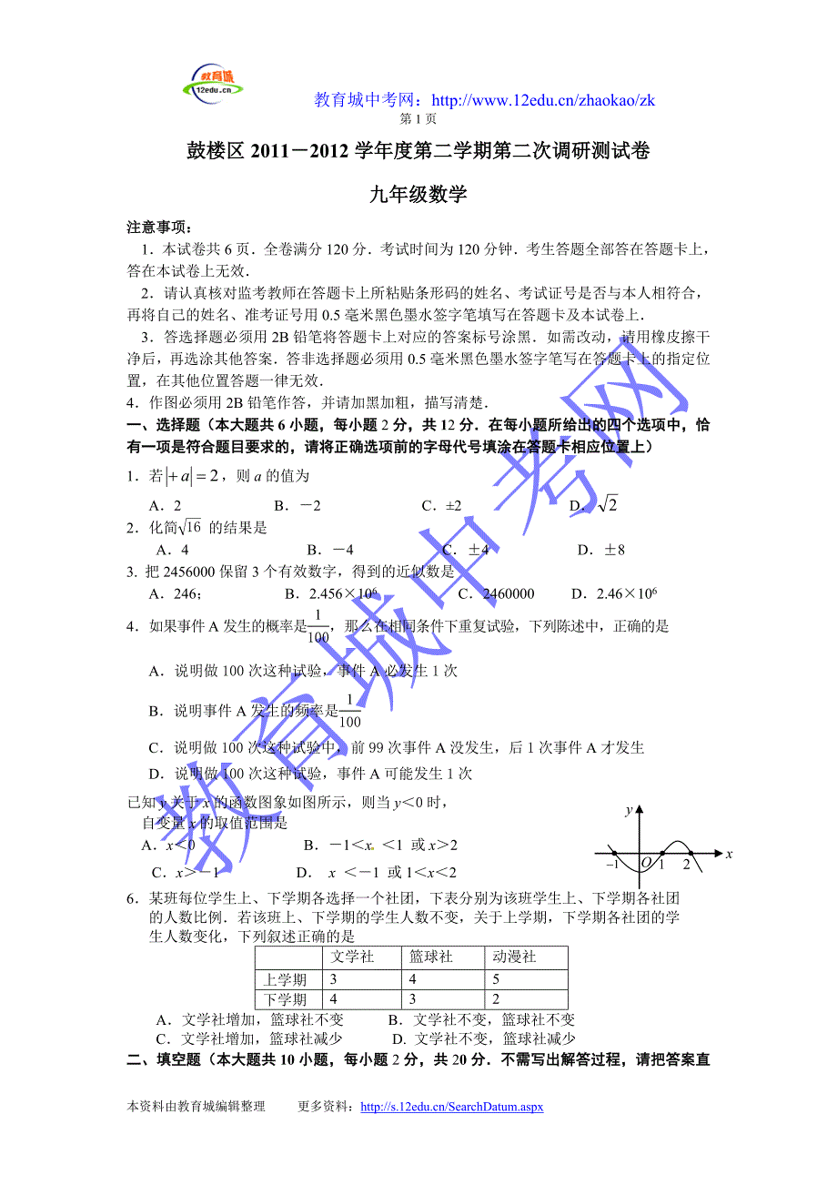 2012年南京鼓楼区数学中考二模_第1页