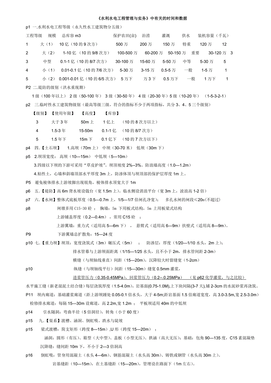 水利水电工程管理与实务时间和数据大全_第1页