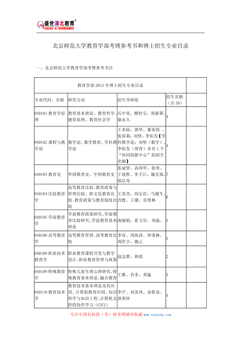北京师范大学教育学部考博参考书和博士招生专业目录_第1页