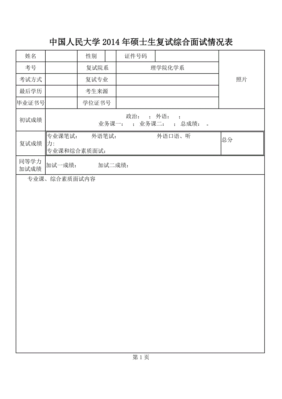 中国人民大学2014年硕士生复试综合面试情况表_第1页