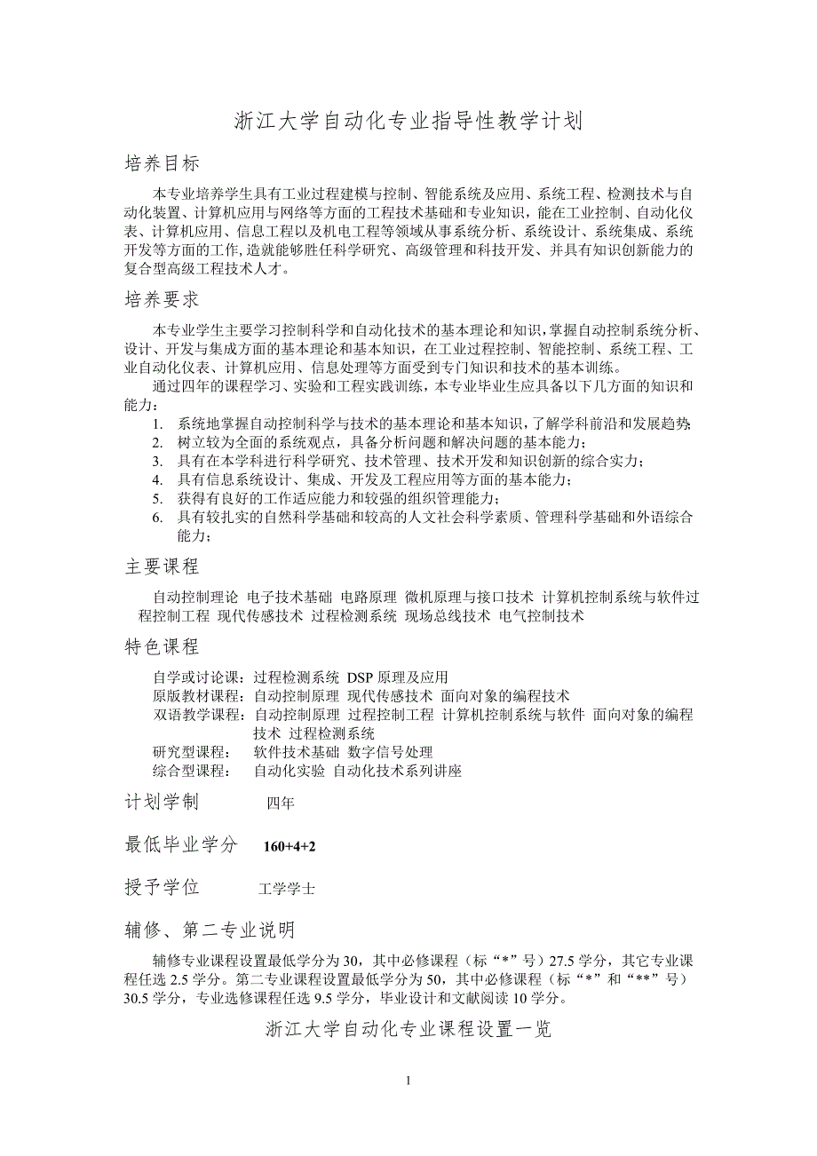 浙江大学自动化专业教学大纲_第1页