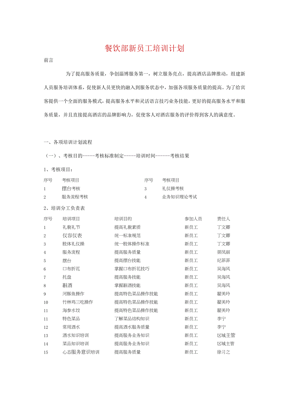 餐饮部新员工培训计划aa_第1页