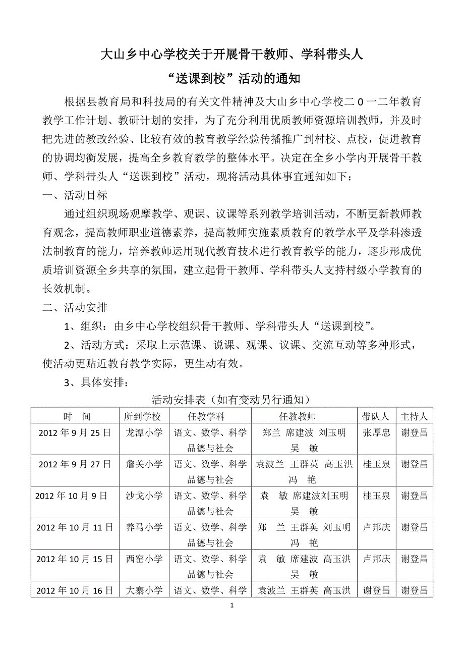 大山乡中心学校关于组织学科带头人到各学校指导教学工_第1页