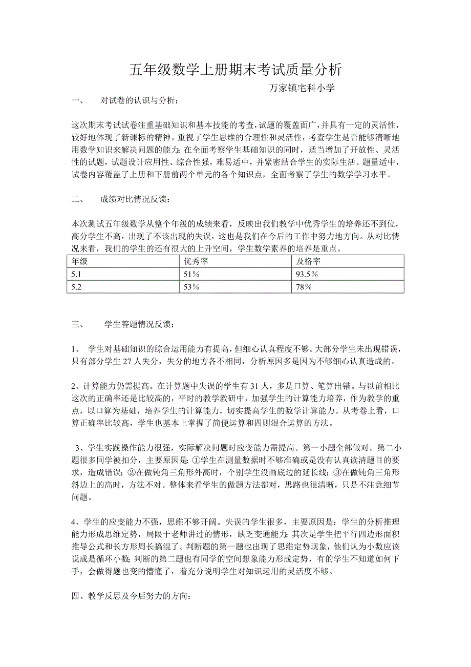 五年级数学上册期末考试质量分析_第1页