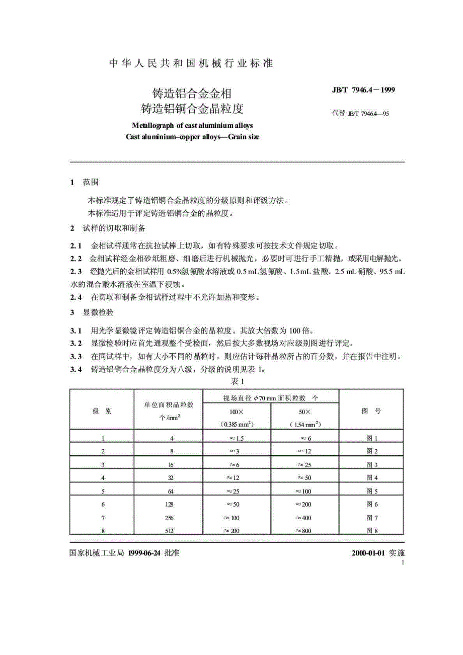 JB T 79464-1999 铸造铝合金金相 铸造铝铜合金晶粒度_第3页