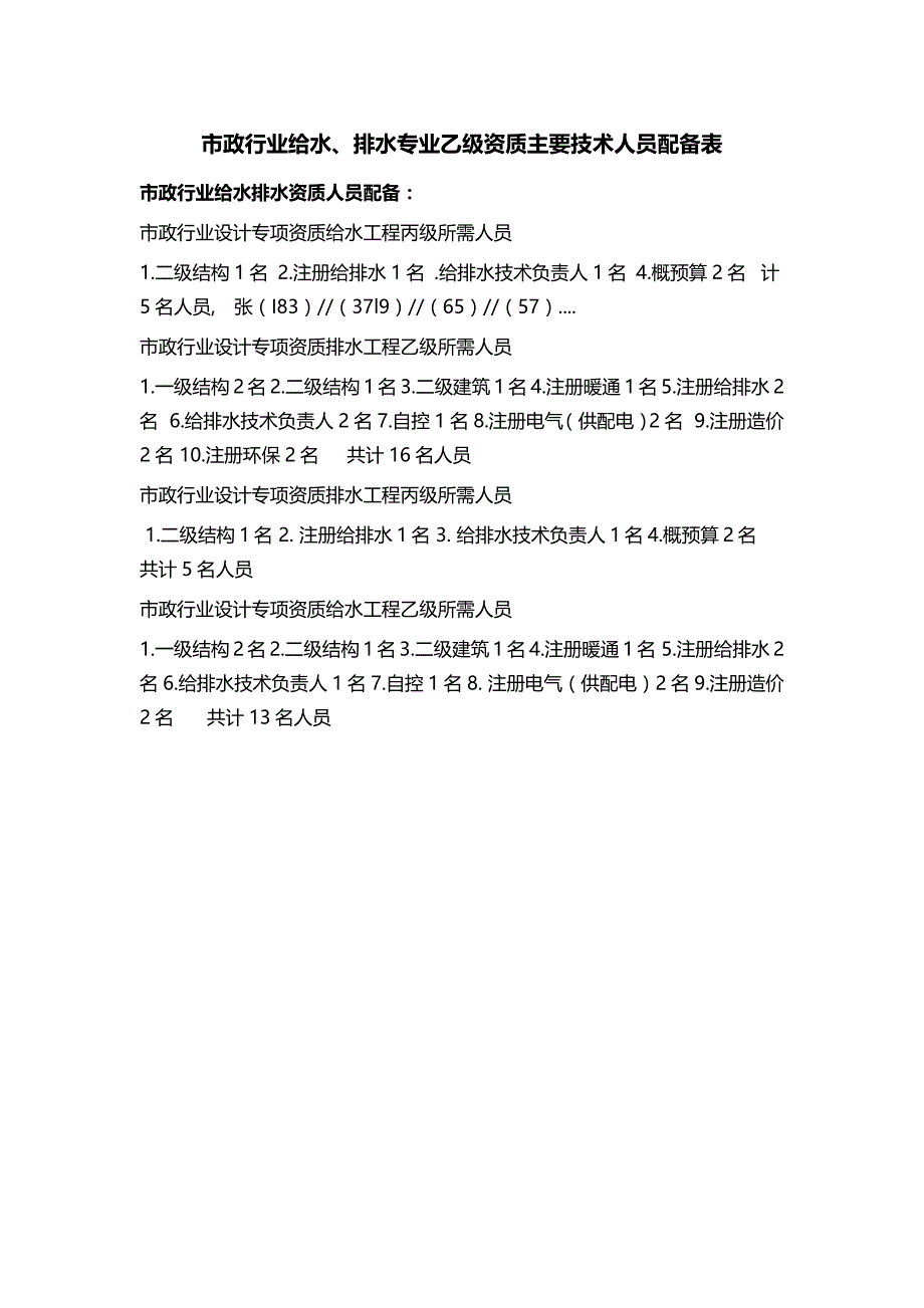 市政工程给排水专业乙级资质需要的人员配备表_第1页