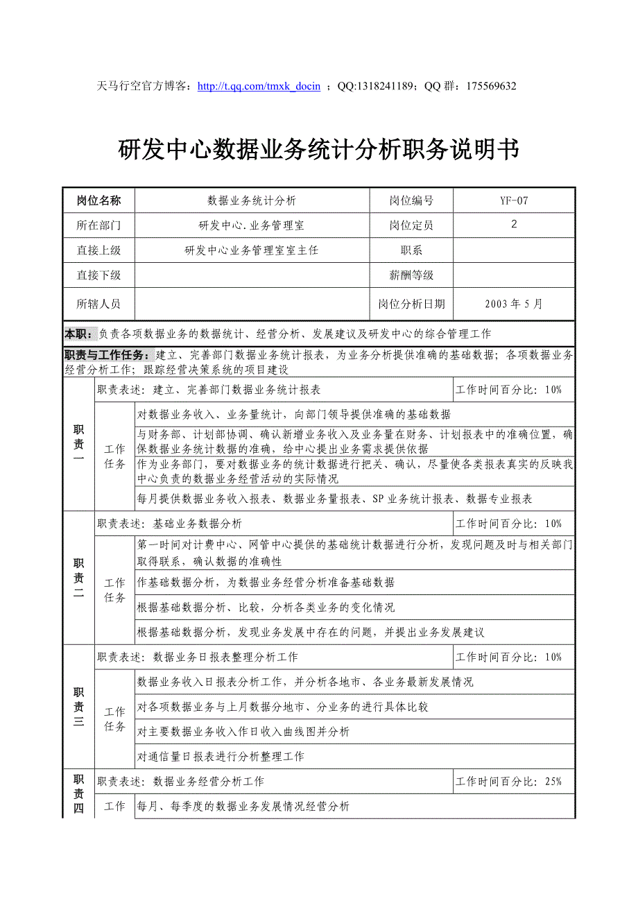 通信行业研发中心业务管理室数据业务统计分析岗位说明书_第1页